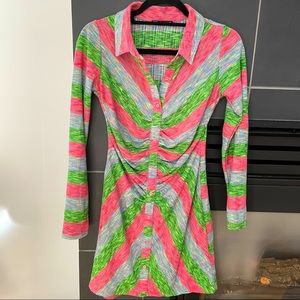 Ruched front/Retro 70s pattern button down.Could be worn as long shirt or dress.